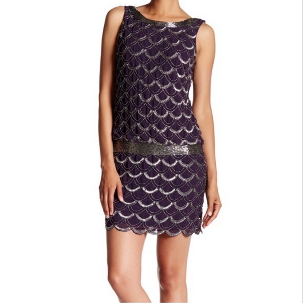 Adrianna Papell Navy Blue with Black Scalloped Bead Drop Waist 1920s Mini - Picture 2 of 11